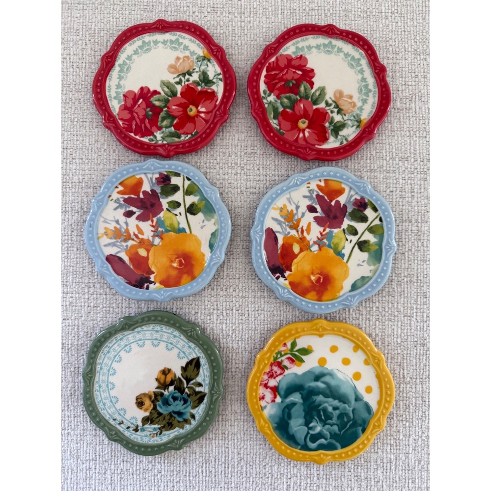 Pioneer Woman 6 pc Set Stoneware Coasters Willow Rose Jubilee Floral Colorful